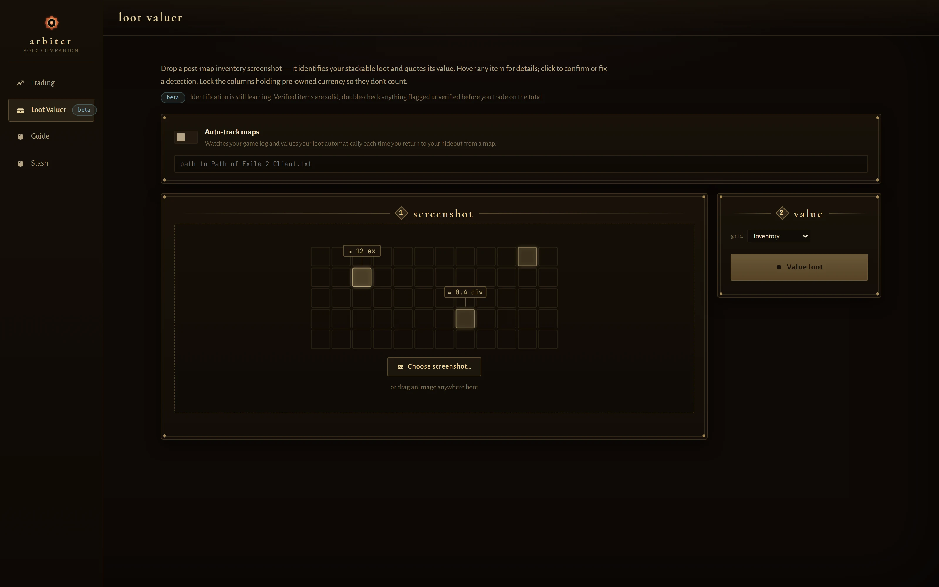 The Loot Valuer view: drop a post-map inventory screenshot and get the haul valued